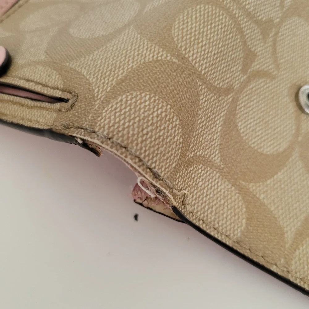 Coach Small Trifold Wallet Pink Khaki Signature Canvas Leather Trim